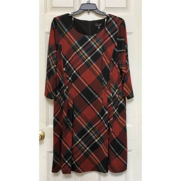 Connected Apparel Womens Dress Plus Size 20W Plaid 3/4 Sleeve Crew Neck Wine - Picture 1 of 10